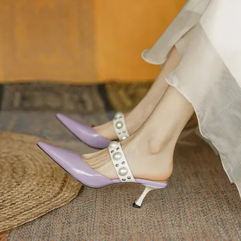 Ochanmeb De Înaltă Calitate, Realizate Manual Naturale Din Piele Catâri Femei Primavara-Vara Perle Stilet Tocuri Inalte Pantofi De Nunta Petrecere