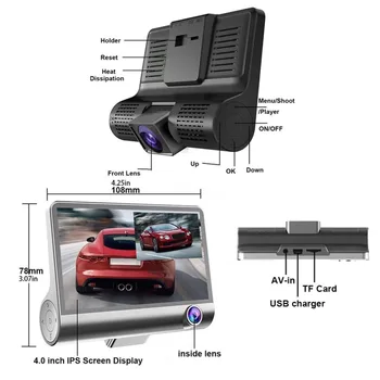 DashCam DVR Auto 4 Inch Full HD 1080P 3 Lentile Auto Video Recorder Parcare de Monitorizare 170° Viziune de Noapte G-senzor Video