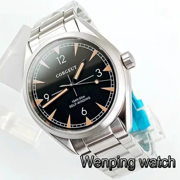 Corgeut 41mm mens top afaceri de lux ceas mecanic caz de argint sticlă de safir cadran negru data luminos ceas automatic 2865