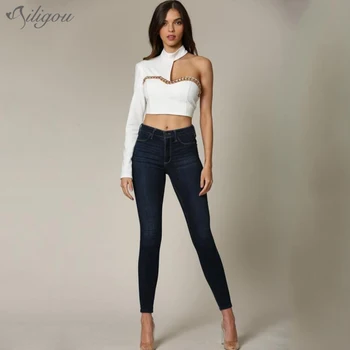 Ailigou 2021 Sexy Si Damele De Vara De Culoare Solidă Vesta Unul-Umăr Design Cu Mâneci Lungi Stramte Backless Lanț Tricou Streetwear