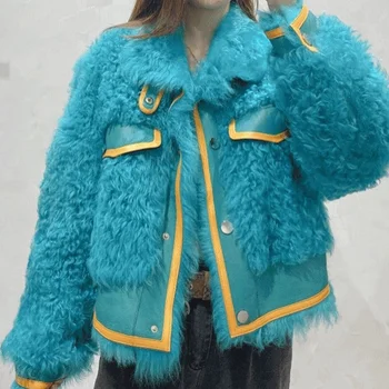 Elegant, Moda Pentru Femei Stil Coreean Liber Scurtă De Lână De Miel Jachete Singur Pieptul Buzunare Guler De Turn-Down Birou Doamnă Haina