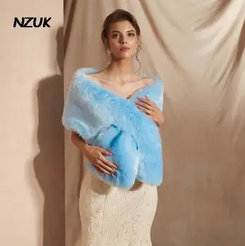 NZUK 2022 Superba Blana Faux Wrap pentru Femei Albastru Formale Rochie de Petrecere Bolero Bruids Cape de Nuntă Șal Blana Furat Geaca