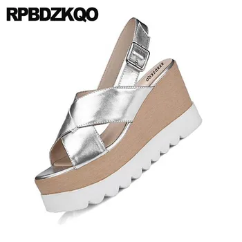 Pompe De Pantofi De Designer Flatform Sandale Wedge Sandale Tocuri Platforma Peep Toe Din Piele Curea Pentru Femei De Argint Harajuku