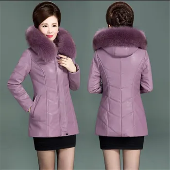 De vârstă mijlocie din piele geaca de iarna pentru femeie din bumbac paltoane scurte de mari dimensiuni 6XL cu glugă de moda din piele PU bumbac căptușit jachete AS791