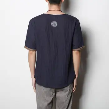 2020 Vara Noi Marca Bărbați Chinez stil Casual cămașă cu mânecă Scurtă pentru Bărbați Moda V-gât subțire Vrac Lenjerie de pat tricou Necăptușit topuri