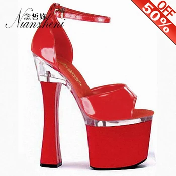 Sexy Roșie din piele curea Cataramă Concis Gol Femei sandale 18cm pantofi cu toc de 7 cm Cluburi de dans Pol Mature