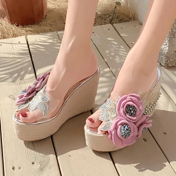 Camellia dantela cu margele doamnelor papuci de vara noi transparente lenjerie de pat țesute pene super toc înalt sandale sandale de plaja