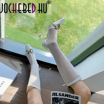 【JOCHEBED HU】Primavara Toamna Genunchi-Cizme Elegante, Sexy Femei Rotund Deget de la picior Toc Alb Negru de Moda Moderne Cizme Pantofi