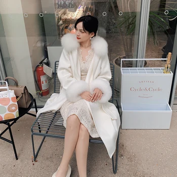 Coreeană de Moda pentru Femei de Iarnă Caldă Real Lână Lungă cu Glugă Haina de Lux Autentic Blană de Vulpe Guler de Cașmir, Lână, Îmbrăcăminte exterioară Cu Centura