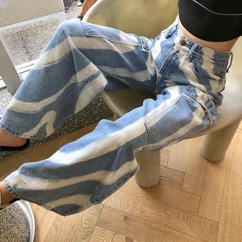 CHICEVER Imprimare Neregulate Blugi Pentru Femei Talie Mare Culoare Lovit Buzunare Mari Direct Casual Largi Picior Pantaloni din Denim de sex Feminin 2021 Stil